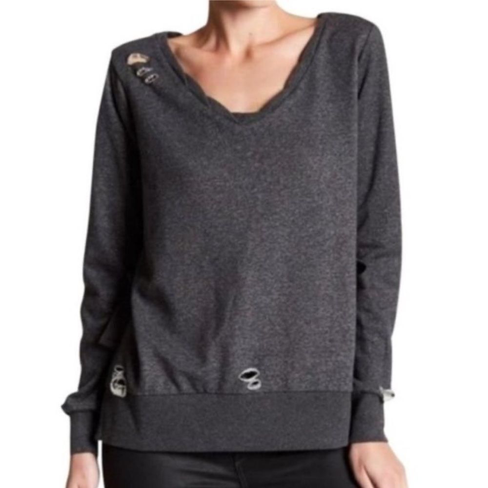 ROMEO & JULIET COUTURE Gray Distressed Crew Neck Side Bow Tie Sweatshirt Sz M